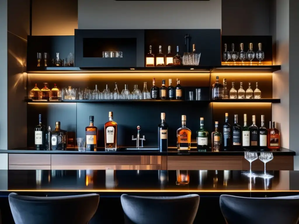 Barra de casa elegante con licor exclusivo Estrategias inversión licores exclusivos en elegante bar de mármol negro