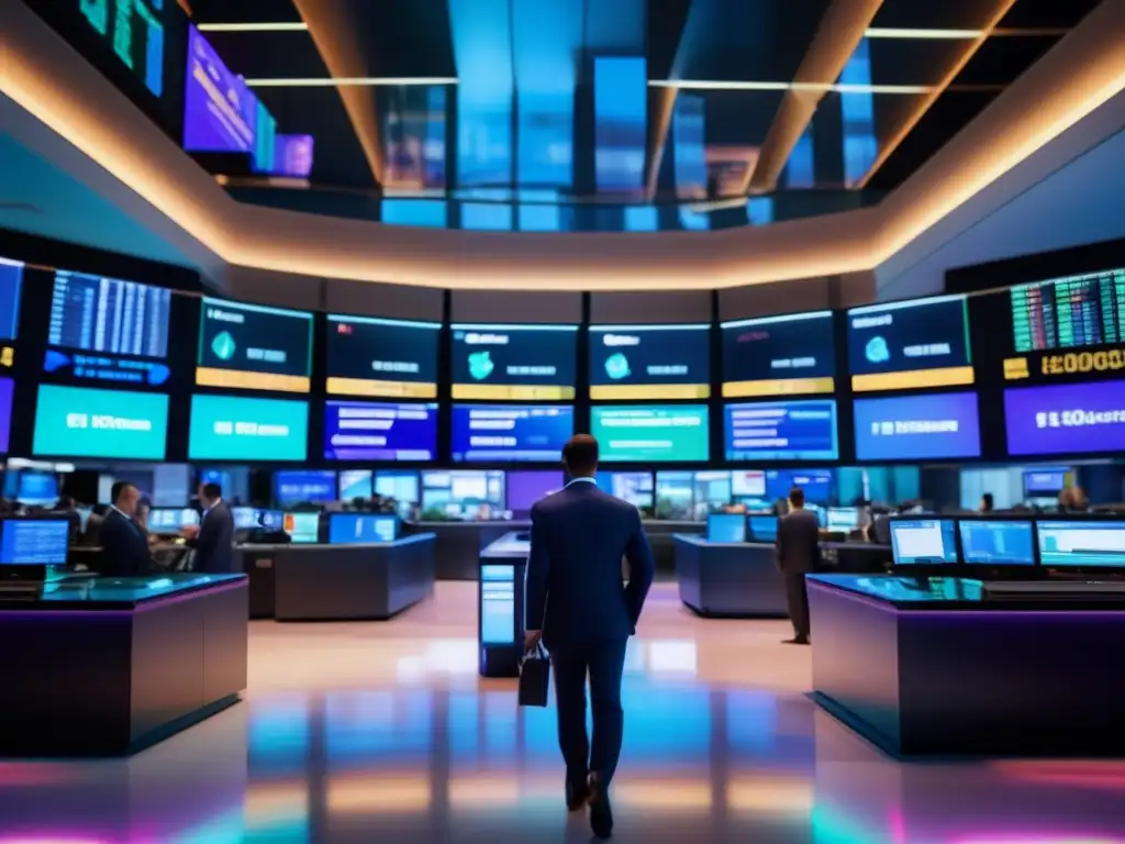 Piso de bolsa vibrante con traders y tecnología avanzada Estrategias inversión mercados emergentes: sala de bolsa con traders, tecnología avanzada y datos en tiempo real