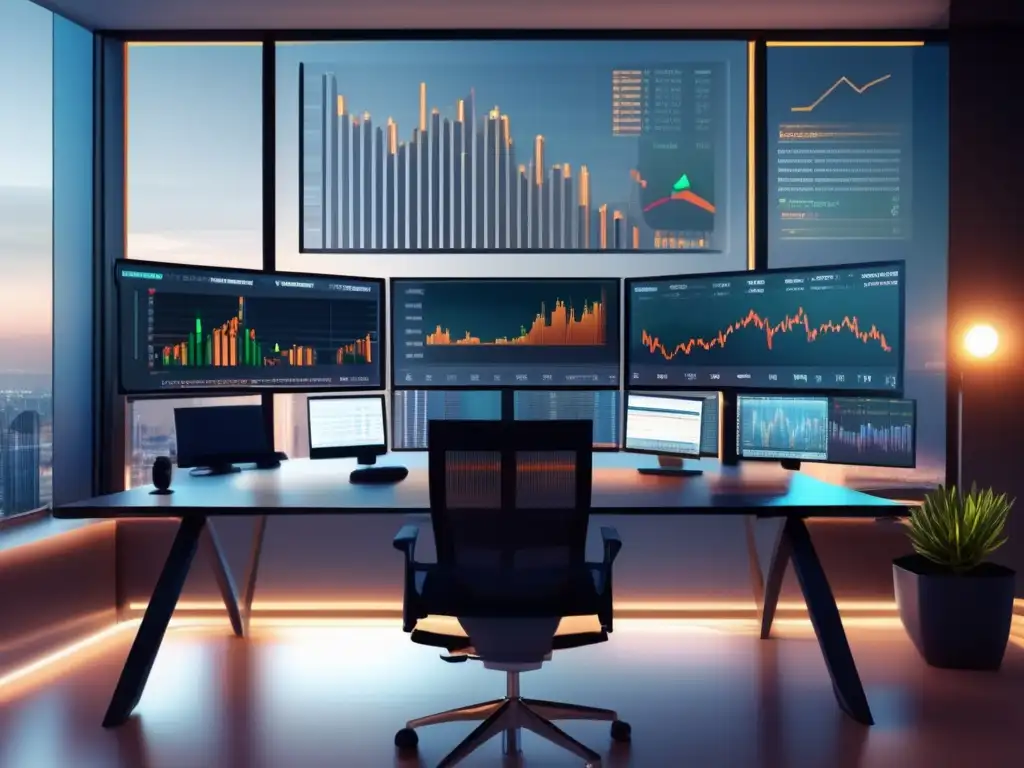Oficina moderna con escritorio elegante y computadora de alta tecnología Estrategias de inversión en Penny Stocks: Oficina moderna con escritorio elegante y equipo informático avanzado