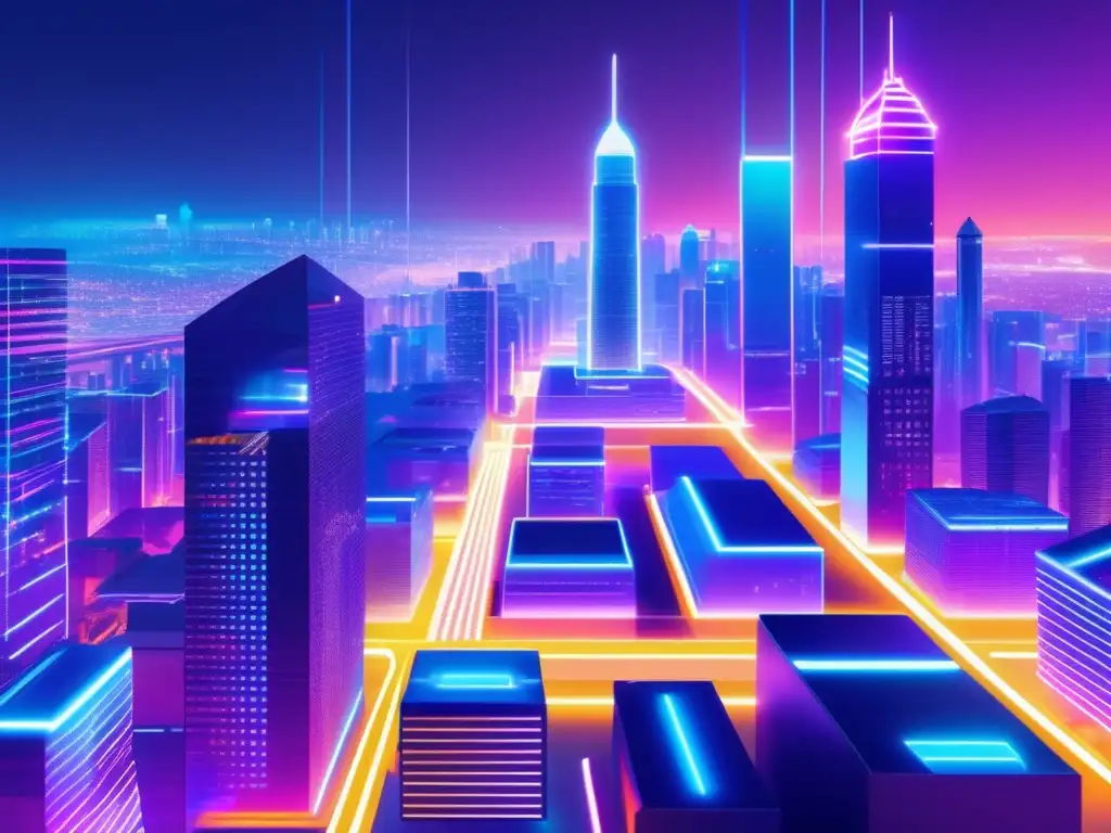 Futuro de inversión en blockchain Estrategias inversión blockchain moderno, ciudad futurista con rascacielos de patrones blockchain, inversores analizando activos digitales