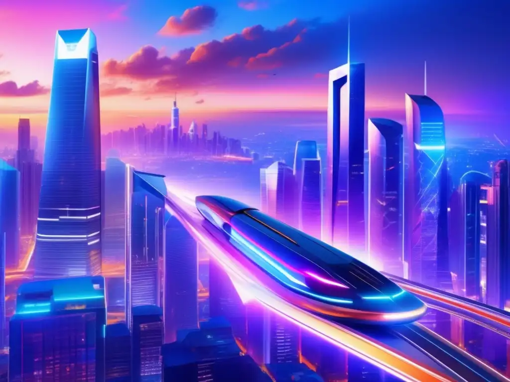 Futuro de inversiones blockchain Estrategias inversión blockchain moderno: Futurista ciudad con rascacielos transparentes y tecnología financiera