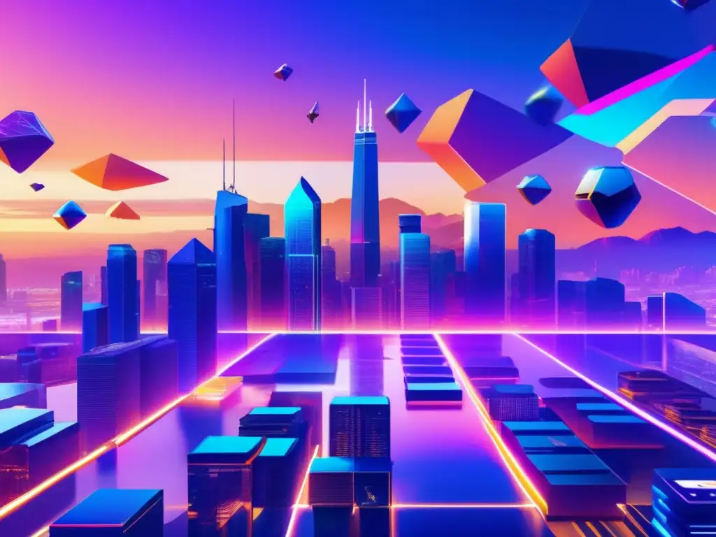 Futuro de inversiones blockchain Estrategias inversión blockchain moderno: impresionante imagen 8k con ciudad futurista, rascacielos holográficos y profesionales tecnológicos