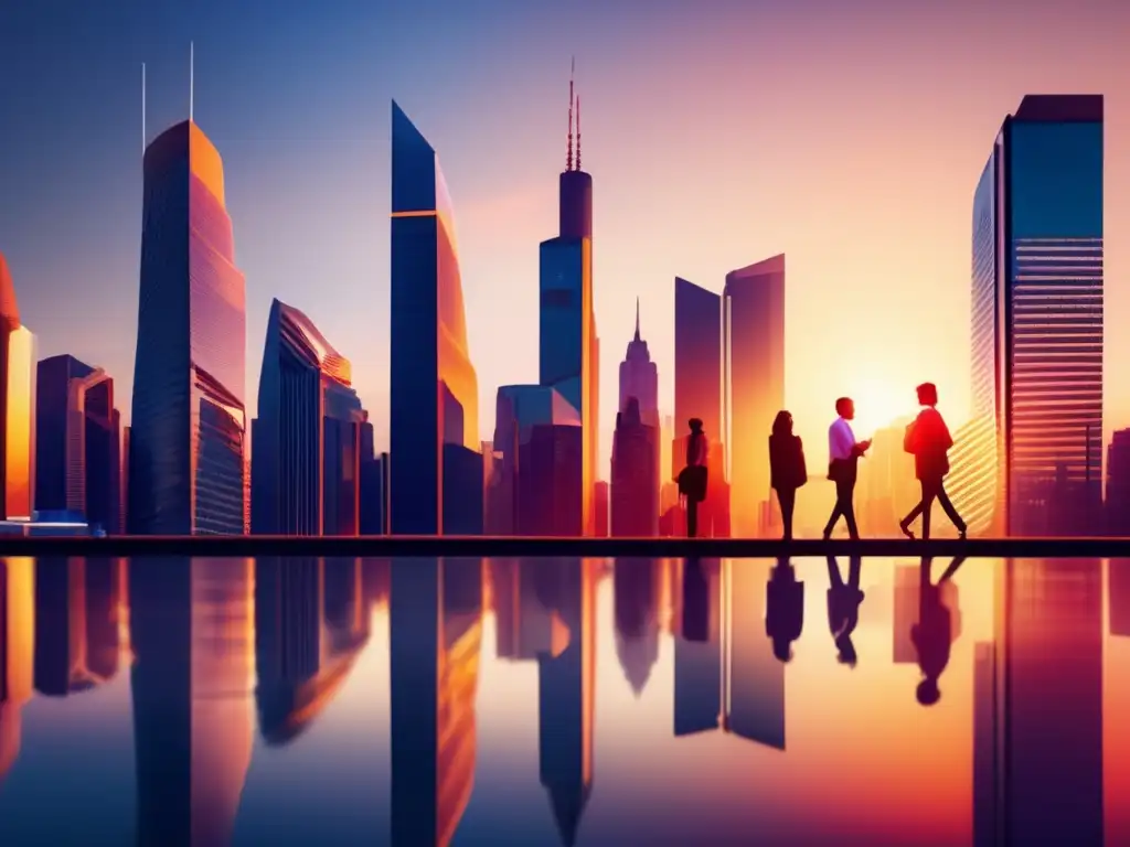 Atardecer en la ciudad: inversión y estrategia Estrategias de inversión en movimientos sociales: Ciudad dinámica y profesionales colaborando en la puesta en marcha de una estrategia a largo plazo