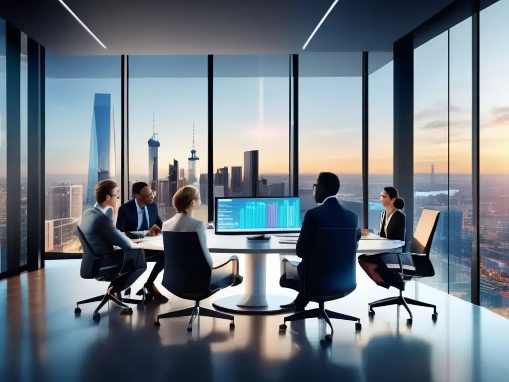 Oficina moderna con profesionales y gráficos Estrategias de inversión en Penny Stocks en una oficina moderna con vista a la ciudad