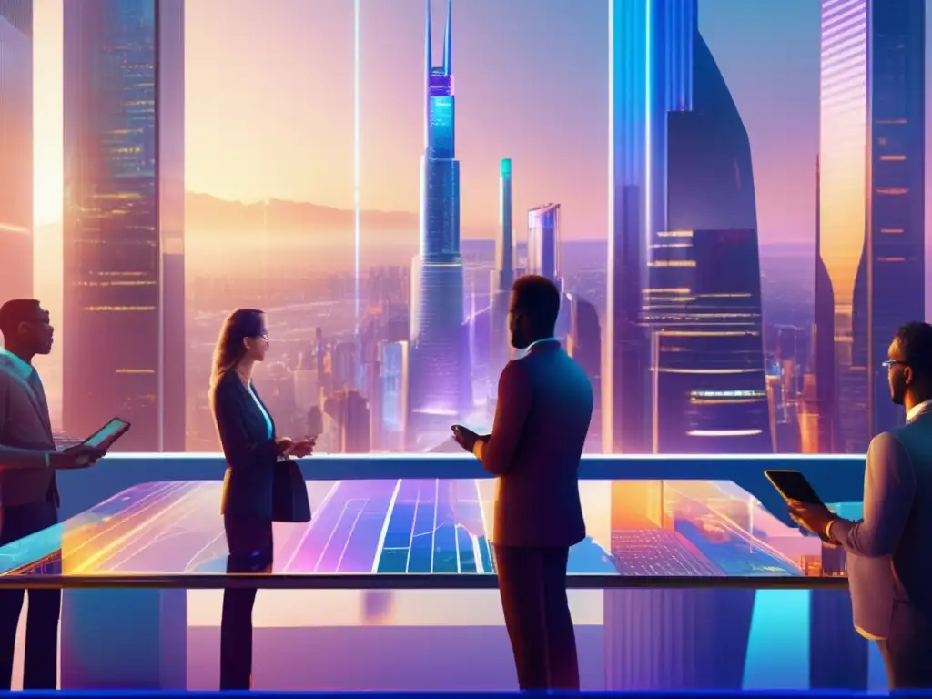 Futuro financiero: inversión en la ciudad Estrategias de inversión pasiva y activa en una vibrante ciudad futurista con rascacielos y profesionales financieros