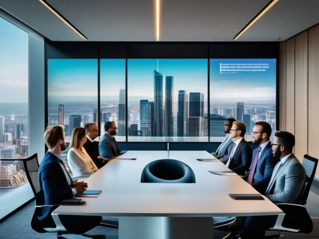 Oficina moderna con profesionales analizando estrategias de inversión Estrategias de inversión pasiva y activa en moderna oficina