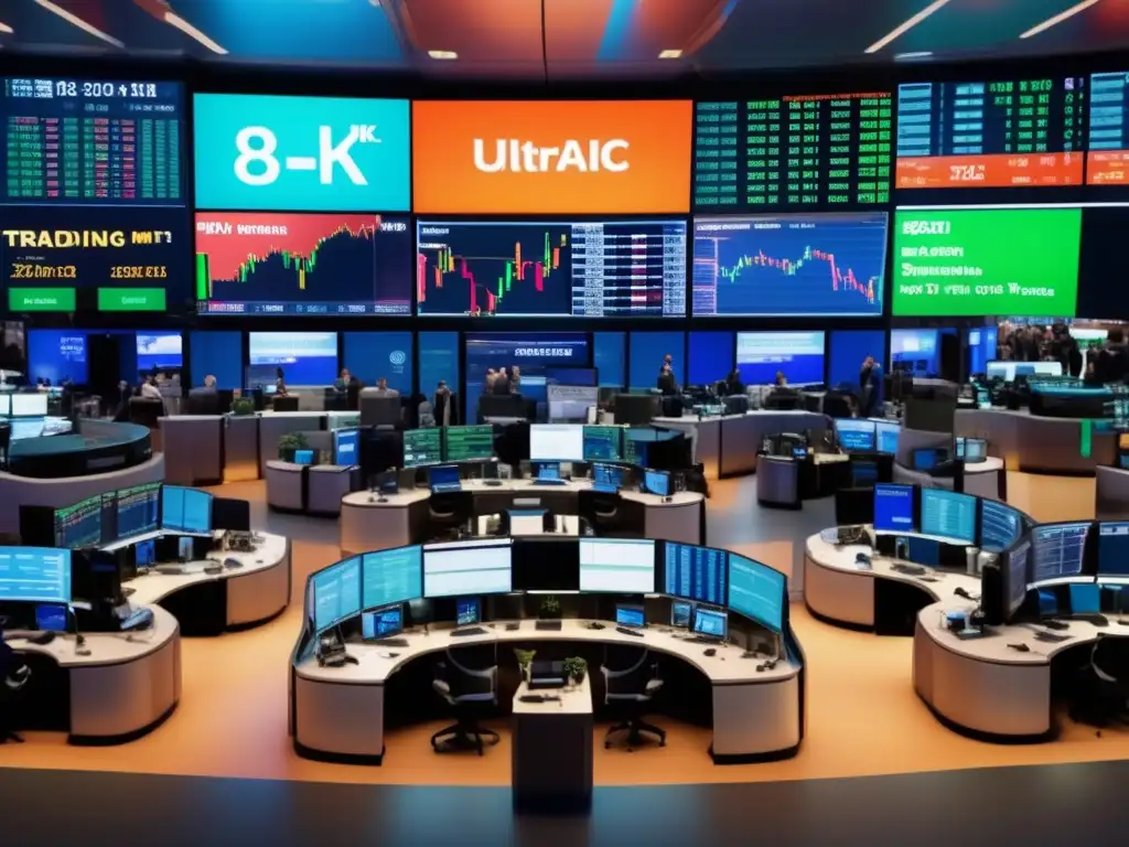 Piso de bolsa vibrante y moderno Estrategias de inversión en periodos de volatilidad: vista panorámica de una bulliciosa bolsa de valores con traders, monitores y actividad intensa