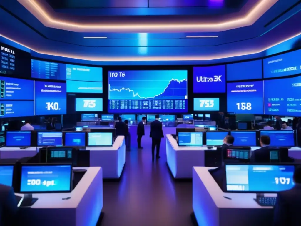 Piso de bolsa futurista con traders y pantallas Estrategias de inversión en periodos de volatilidad: Stock exchange floor with traders, screens, and digital displays