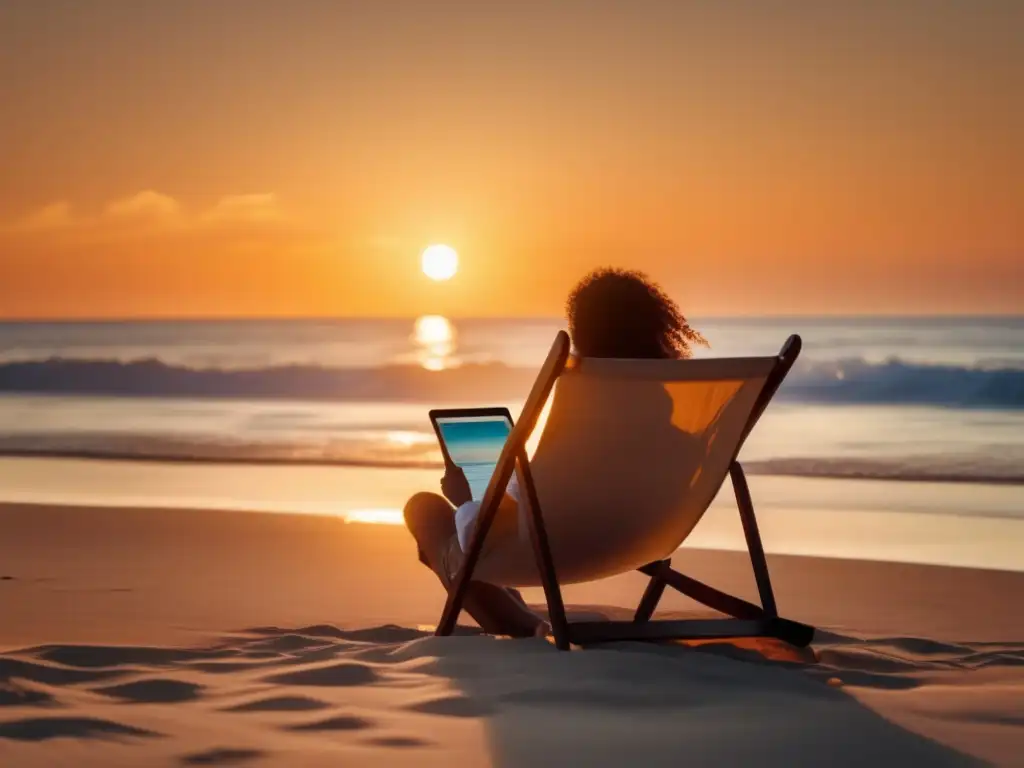 Calma y enfoque en tiempos de volatilidad del mercado Estrategias de inversión en periodos de volatilidad - Playa tranquila, persona enfocada en gráfico de mercado en tablet