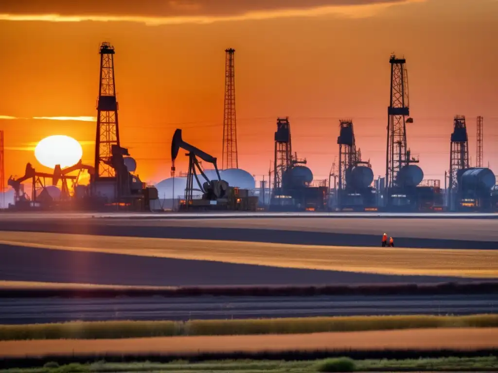 Campo petrolero dorado al atardecer Estrategias de inversión en petróleo para principiantes en una impresionante imagen de campos petroleros al atardecer