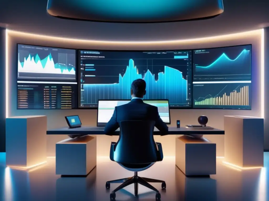 Inversor experto analizando datos con tecnología avanzada Estrategias de inversión en 2023: Profesional analiza gráficos financieros rodeado de tecnología avanzada