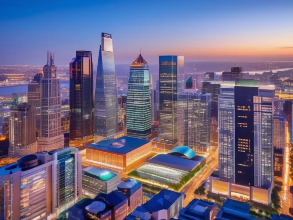Oportunidades de inversión en propiedades comerciales Estrategias inversión propiedades comerciales, ciudad skyline, edificios modernos, economía próspera, profesionales analizando datos