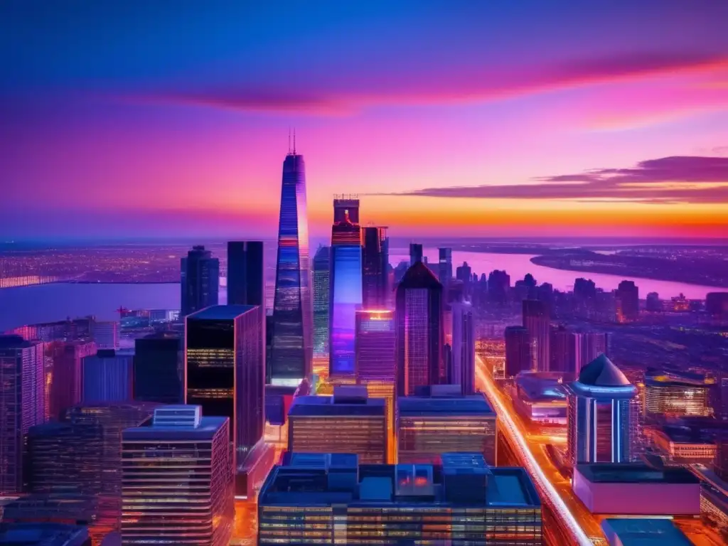 Impresionante ciudad al atardecer Estrategias inversión propiedades comerciales: ciudad moderna al anochecer con edificios iluminados y vibrante horizonte de atardecer