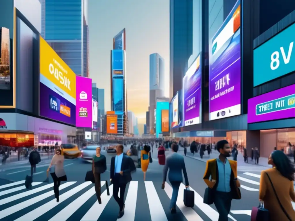 Moderna calle comercial con edificios de vidrio y anuncios digitales Estrategias inversión propiedades comerciales: Ciudad con edificios comerciales modernos, vidriosos y vibrantes anuncios digitales
