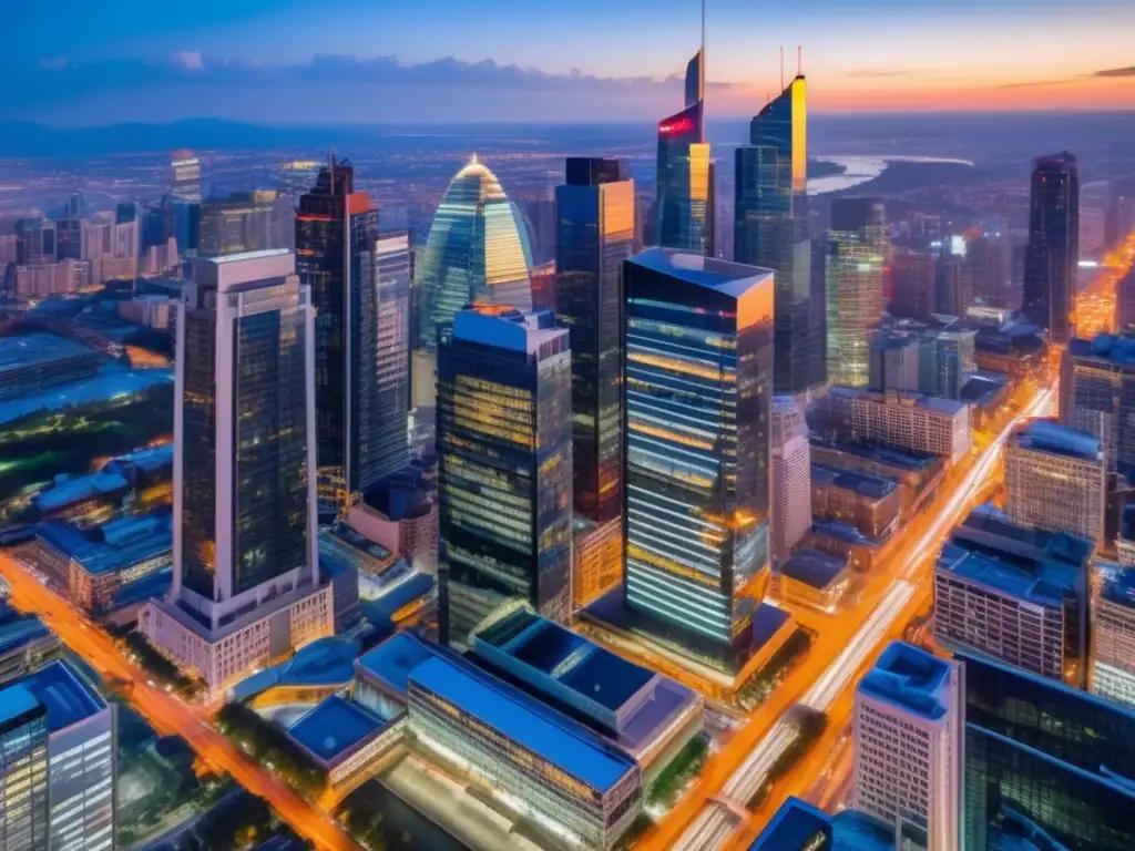 Ciudad vibrante iluminada por luces de ciudad Estrategias inversión propiedades comerciales en próspera ciudad al atardecer