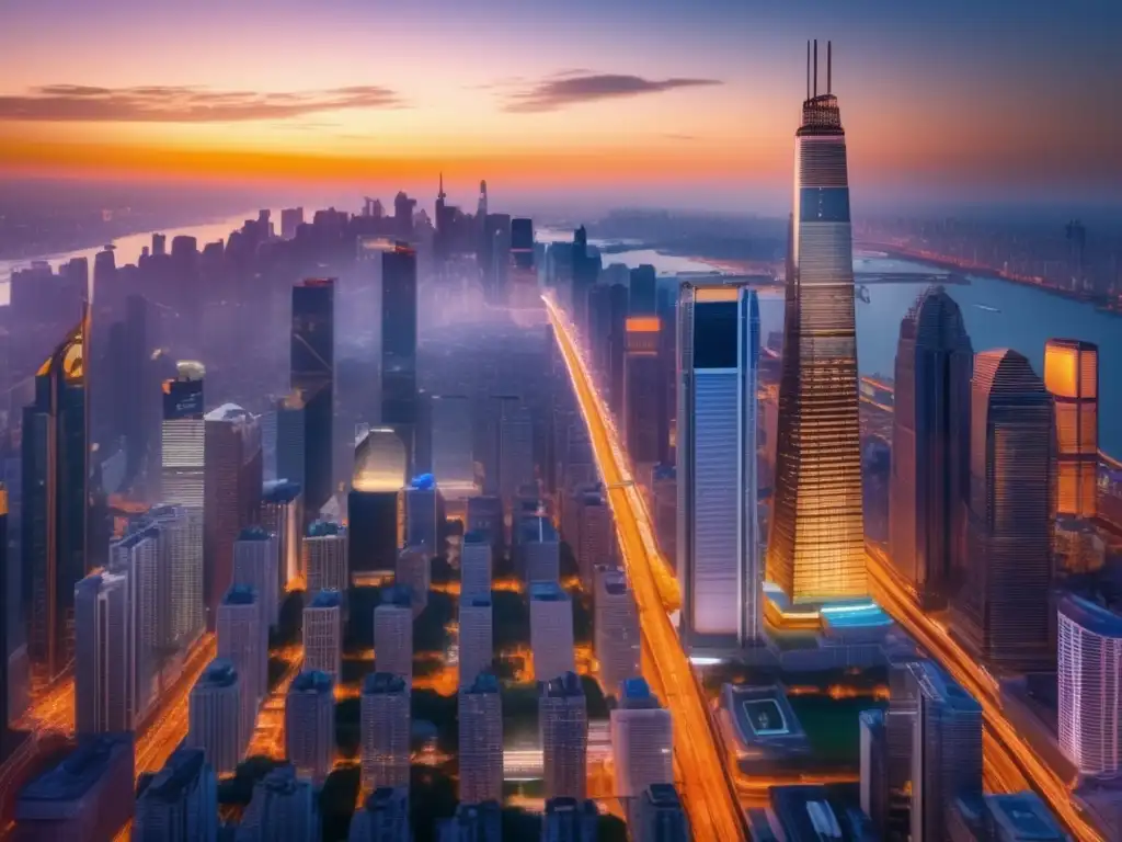 Amanecer en la metrópolis comercial Estrategias de inversión en propiedades comerciales: Ciudad en auge al amanecer, rascacielos reflejando el sol y calles llenas de actividad