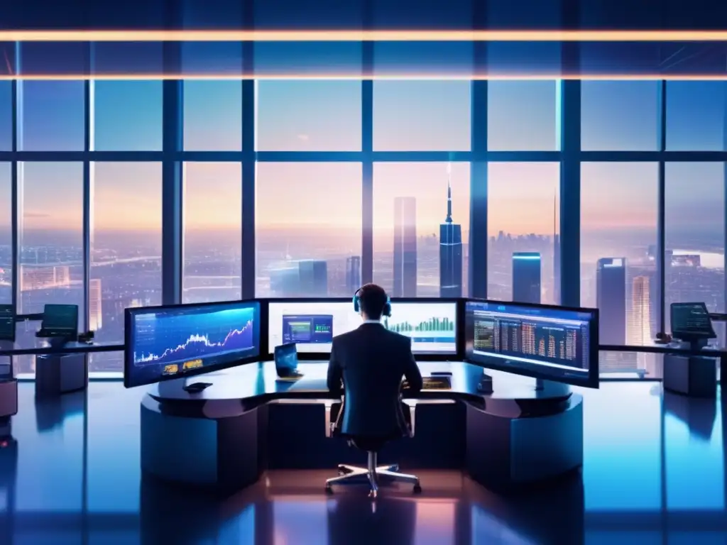 Traders analizando datos y ejecutando operaciones en una sala de trading futurista Estrategias de inversión rápida en moderna sala de trading futurista con pantalla de ordenador y ciudad de fondo-
