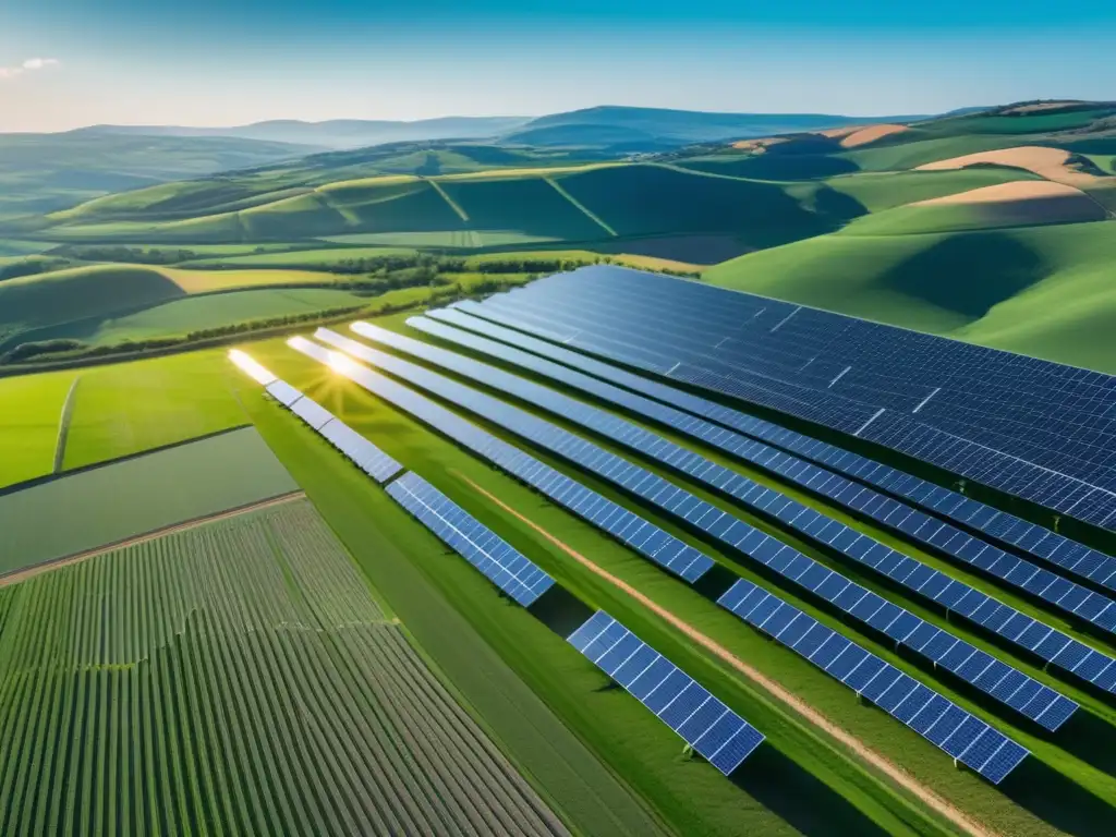 Energía solar sostenible en colinas verdes Estrategias inversión renovables rentables en granja solar