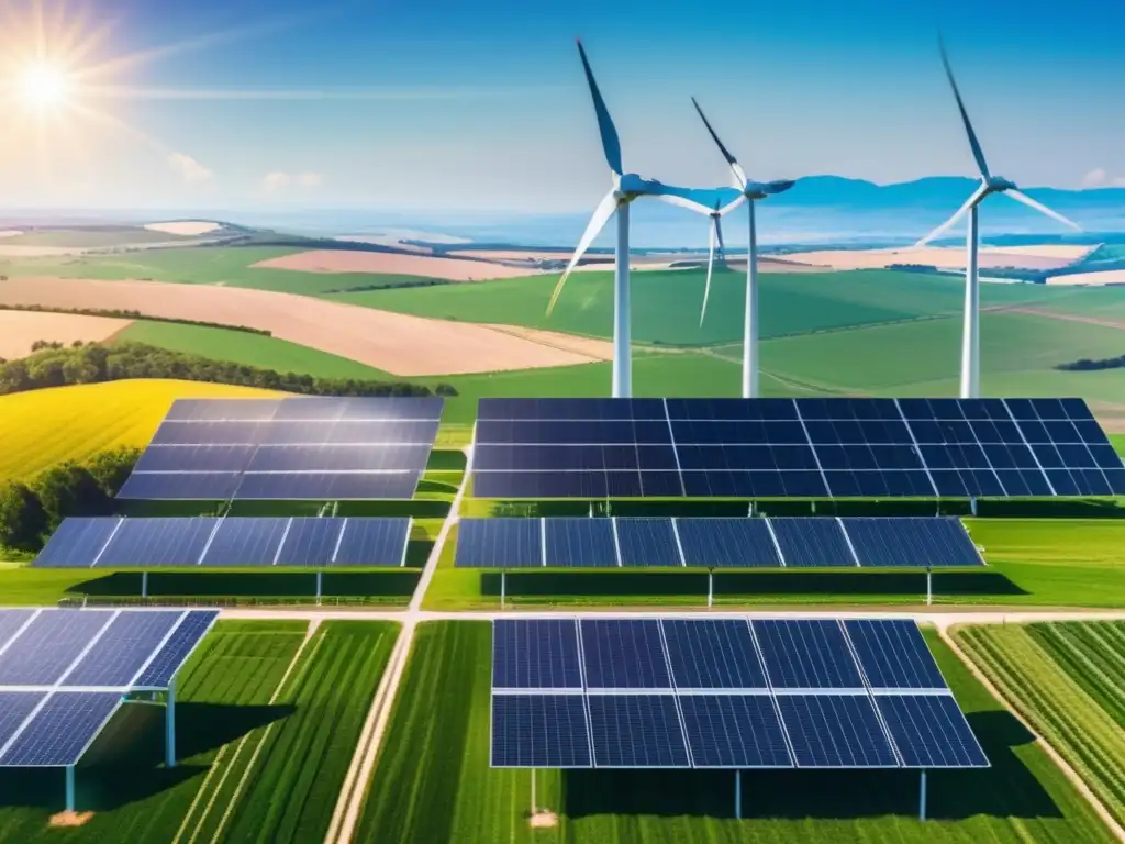 Finca de energía sostenible con molinos de viento y paneles solares Estrategias inversión renovables rentables: Granja energía sostenible con turbinas y paneles solares en armonía con la naturaleza