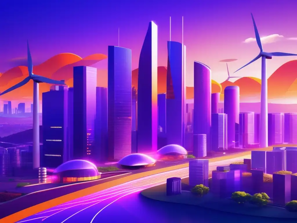 Ciudad futurista con energía renovable Estrategias inversión renovables rentables: Futurista ciudad sostenible con rascacielos ecológicos, energía renovable y paisajes verdes