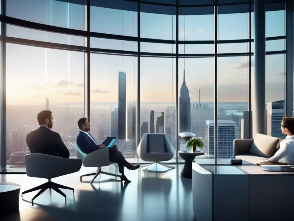 Oficina moderna con vista a la ciudad y tecnología avanzada Estrategias de inversión en salud: imagen de oficina moderna con ventanales y vista a la ciudad, mobiliario minimalista y tecnología avanzada