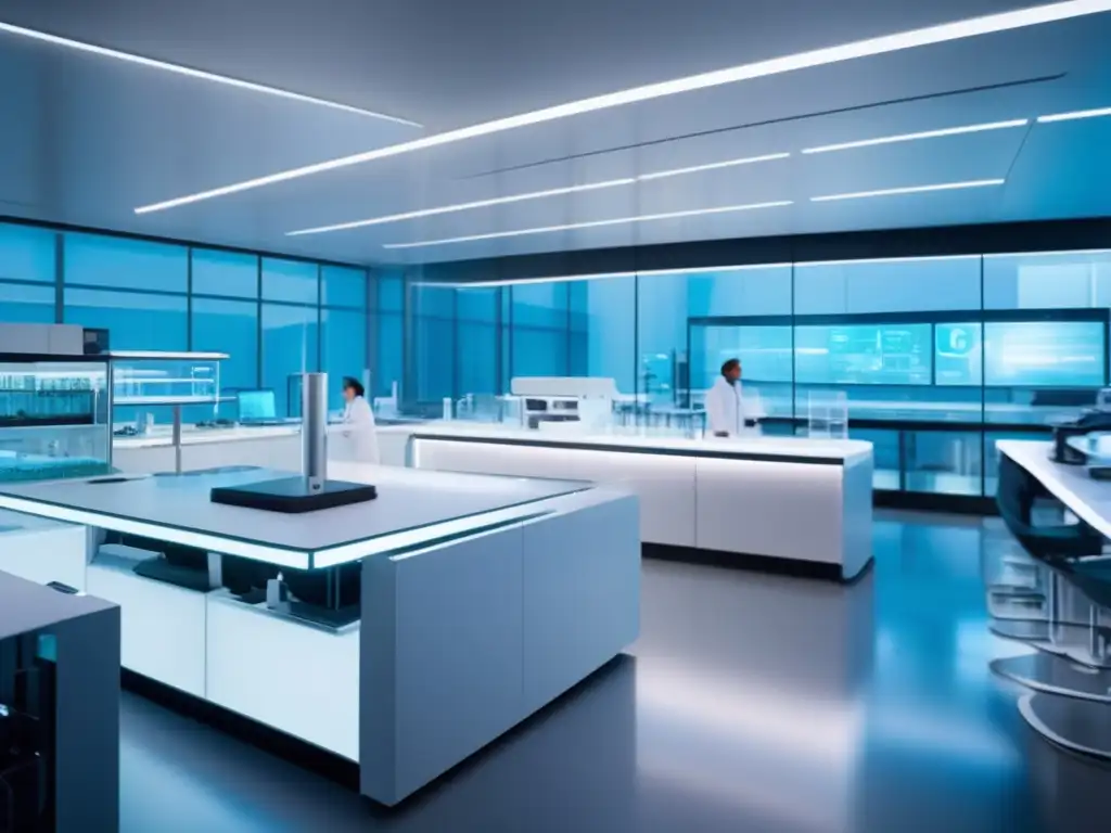 Laboratorio futurista con tecnología avanzada y científicos investigando Estrategias de inversión en salud en un laboratorio futurista con tecnología de punta y científicos enfocados en su investigación