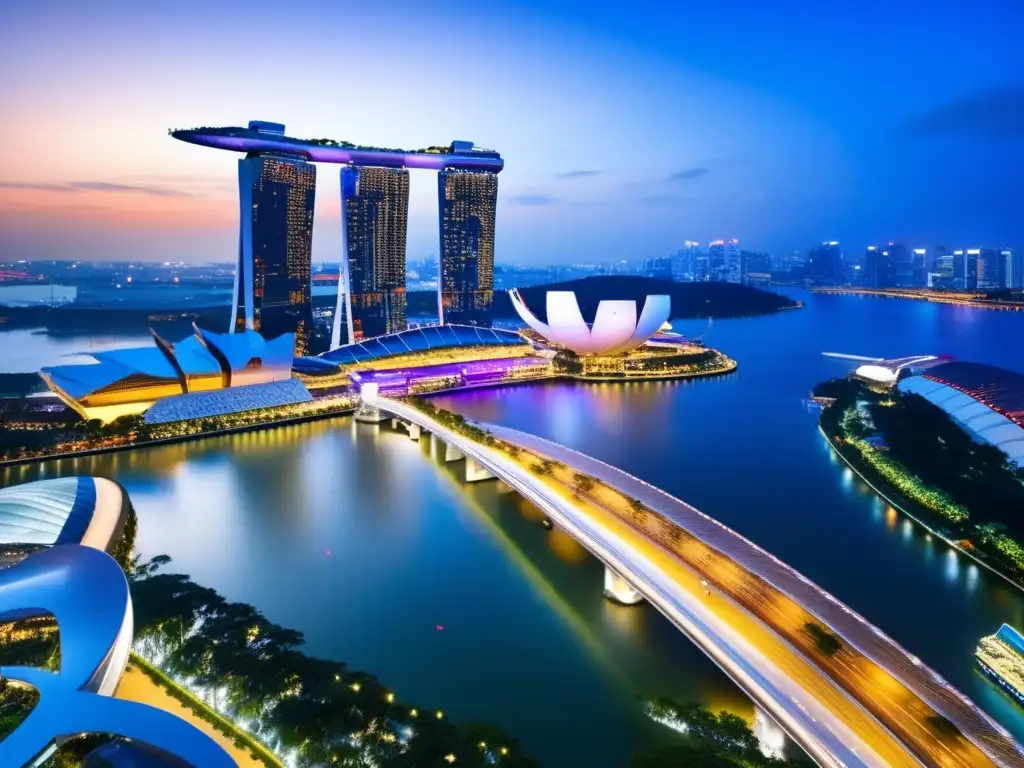 Singapur: Marina Bay Sands y su piscina infinita en el skyline Singapur: estrategias de inversión en skyline nocturno con Marina Bay Sands