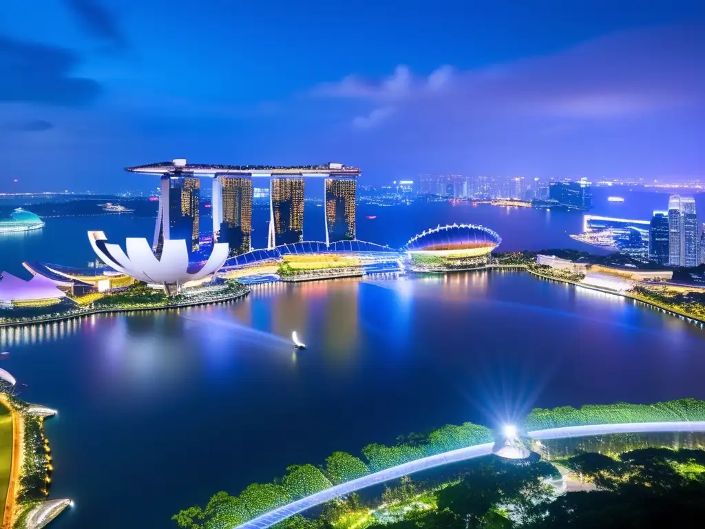 Singapur: Horizonte nocturno impresionante Estrategias de inversión en Singapur: Skyline nocturno de Singapur, con Marina Bay Sands, Gardens by the Bay y Supertrees reflejados en Marina Bay