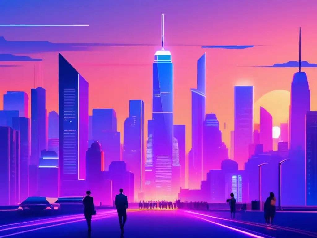 Futuro urbano innovador y vibrante Estrategias de inversión en startups: Ciudad futurista con rascacielos, arquitectura moderna, luces neón y profesionales enérgicos