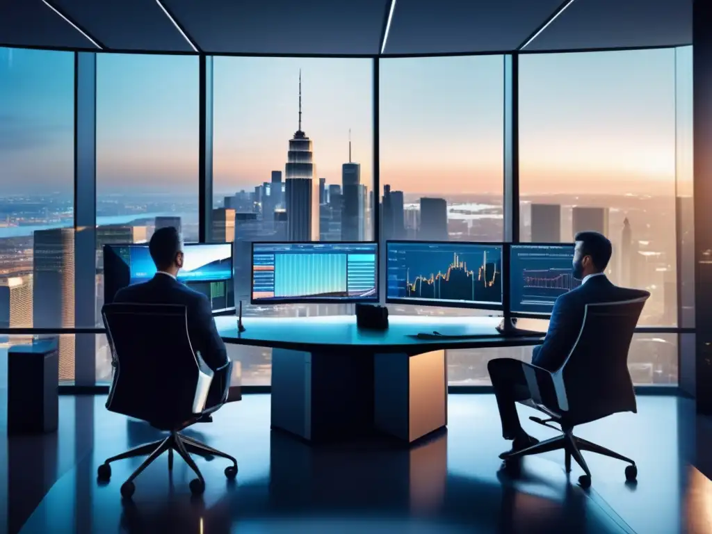 Oficina moderna con traders analizando datos financieros Estrategias de inversión en tiempos de crisis: Moderna oficina con traders analizando datos financieros y colaborando en grupo