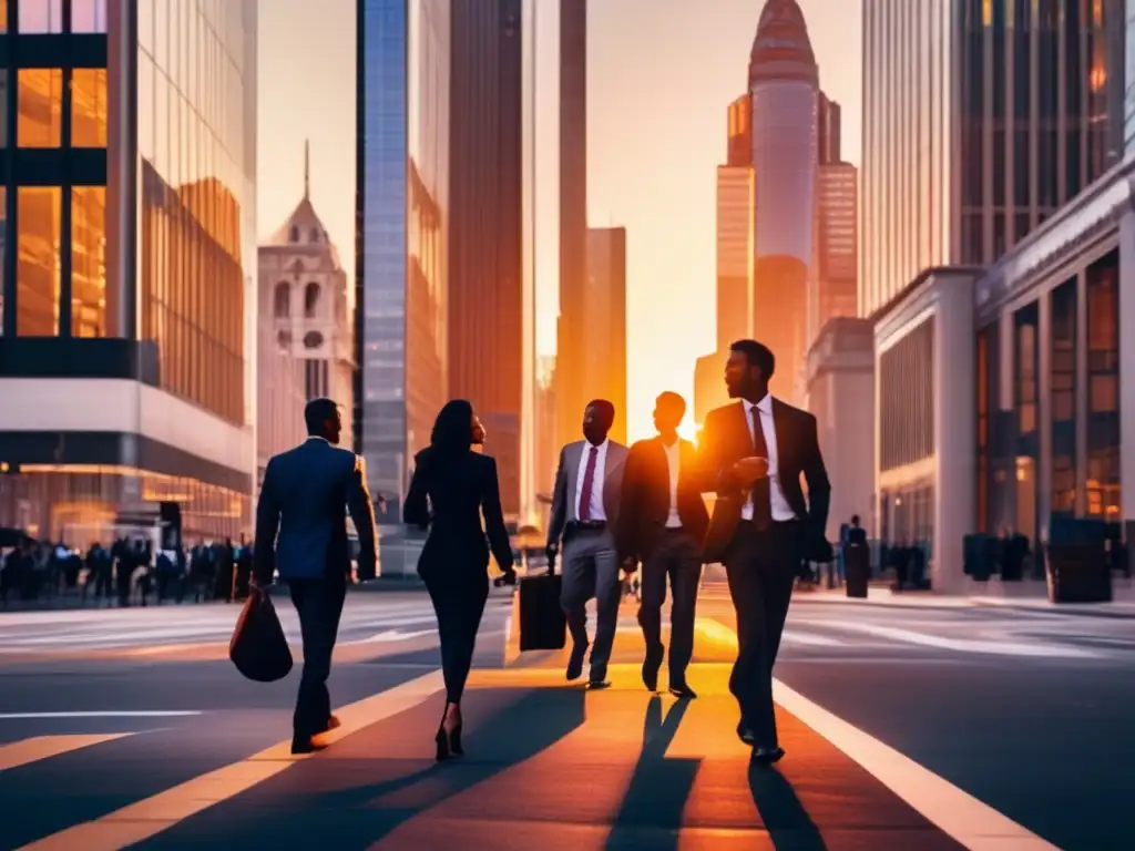 Ciudad vibrante en atardecer: energía financiera Estrategias de inversión en tiempos de crisis: Ciudad financiera vibrante al atardecer, con rascacielos modernos y siluetas de negocios