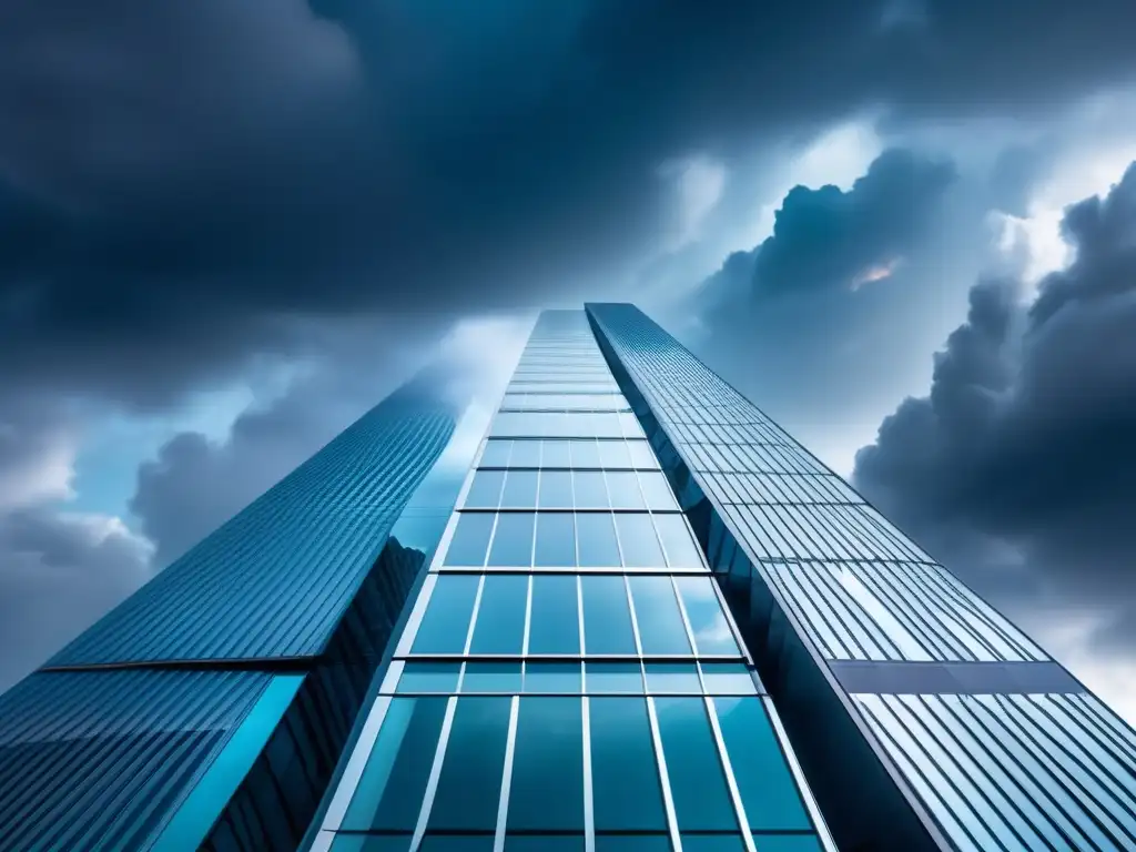 Rascacielos financiero desafiante en la tormenta Estrategias de inversión en tiempos de crisis: Un rascacielos financiero elegante y resiliente en medio de nubes tormentosas