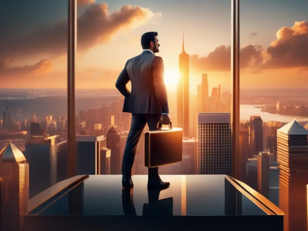 Empresario confiado en la cima del rascacielos Estrategias de inversión en tiempos de crisis: Empresario confiado en la cima de un rascacielos, mirando la ciudad al atardecer