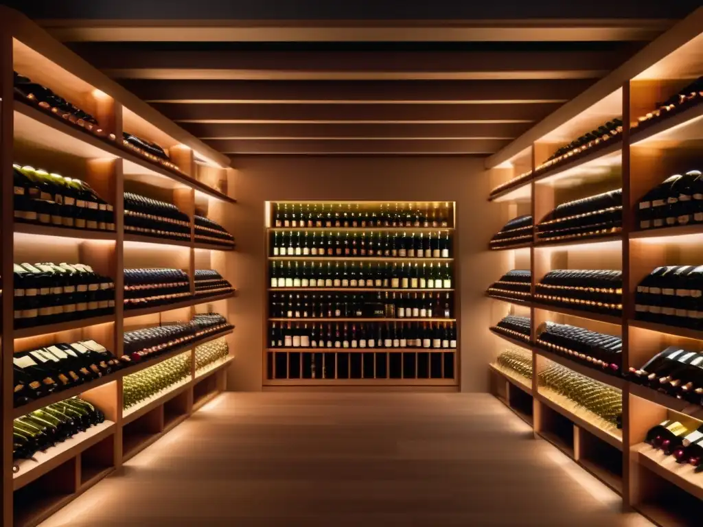 Vinoteca moderna con vinos de alta calidad Estrategias de inversión en vinos: bodega moderna, iluminación cálida, botellas organizadas, etiquetas visibles, potencial de inversión