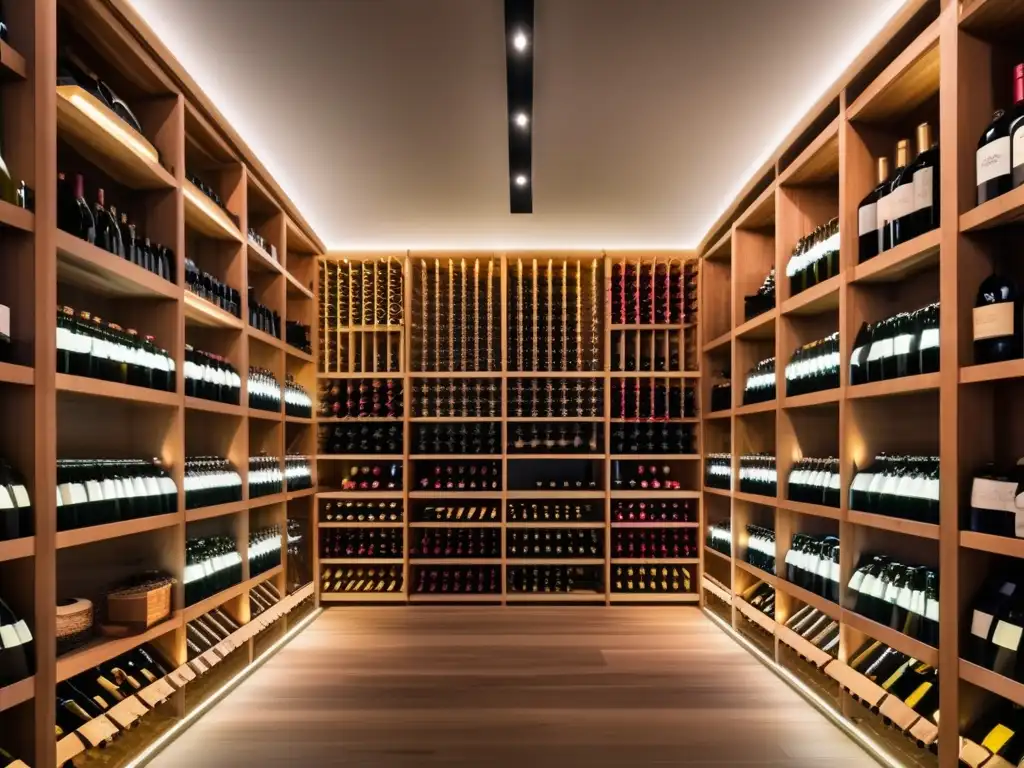 Bodega de vinos moderna y detallada Estrategias de inversión en vinos: Bodega moderna con vinos de distintas regiones y añadas, organizados y con etiquetas legibles
