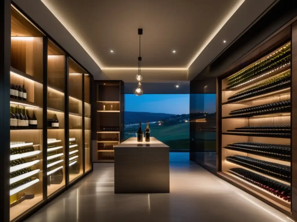 Elegante bodega de vinos con iluminación cálida Estrategias de inversión en vinos: Elegante bodega con selección internacional de vinos, iluminación cálida y diseño moderno