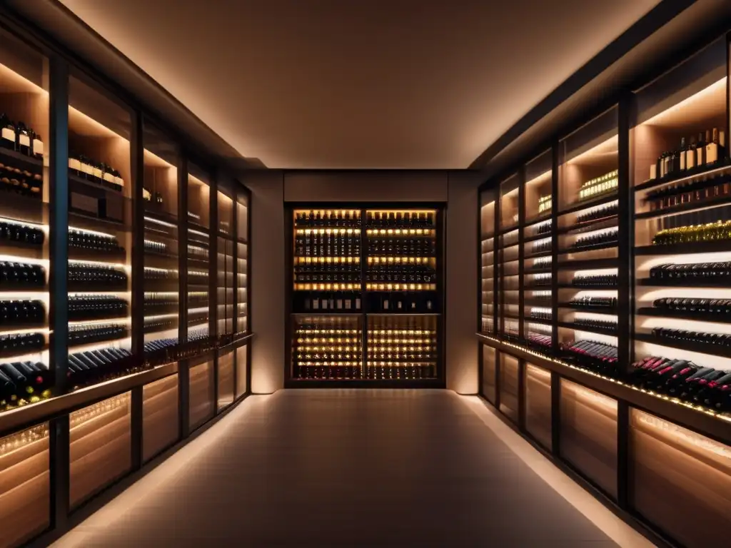 Elegante bodega de vinos con paredes de vidrio Estrategias de inversión en vinos: Lujosa bodega de vinos con paredes de vidrio, diseño moderno y botellas meticulosamente organizadas
