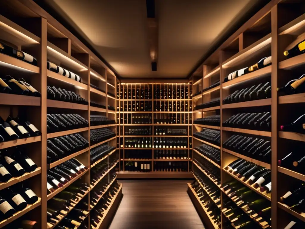 La elegancia y exclusividad del mercado vinícola Estrategias de inversión en vinos y whisky: bodega elegante con botellas organizadas y etiquetas visibles, reflejando lujo y potencial de inversión