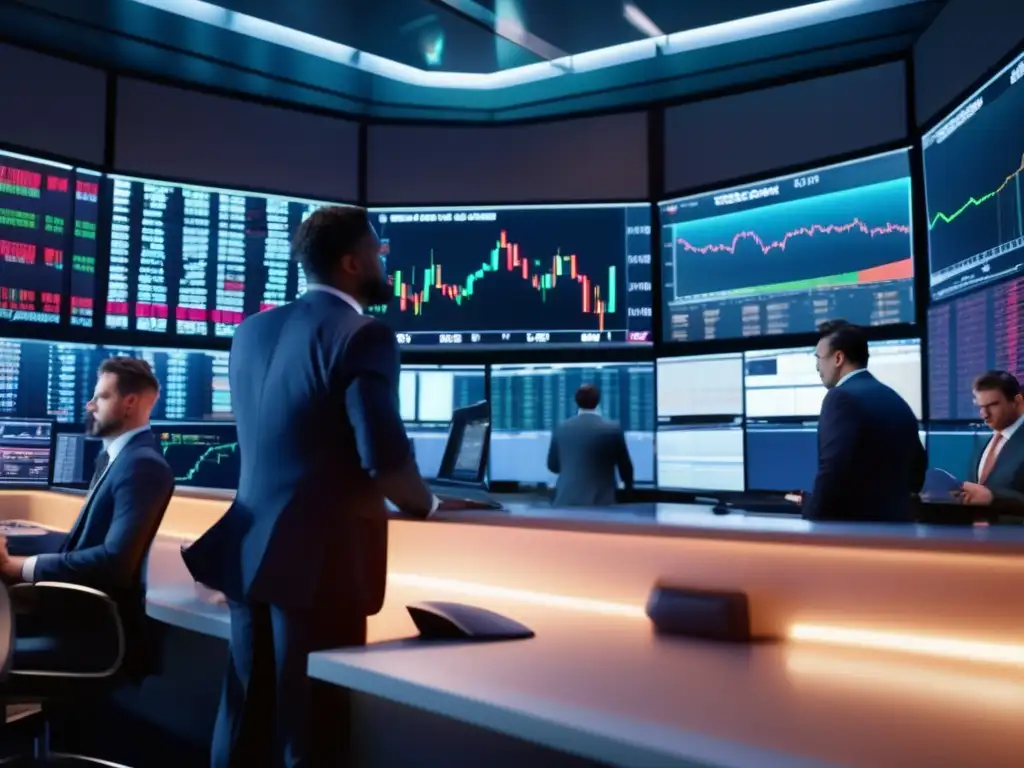 Traders analizando gráficos en la bolsa Estrategias de inversión en volatilidad en trading floor moderno y sofisticado