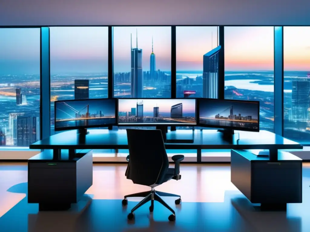 Oficina moderna y elegante con diversificación de inversiones Estrategias para diversificar inversiones en una oficina moderna con ventanales panorámicos y muebles ergonómicos