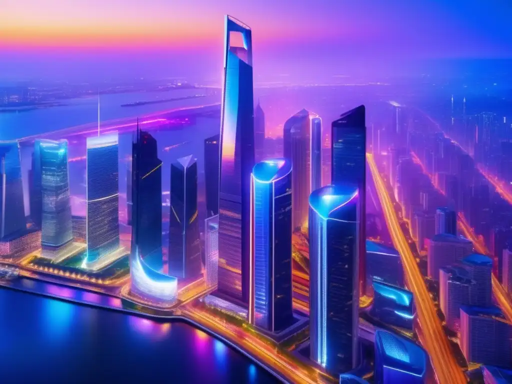 Horizonte urbano moderno al atardecer Estrategias inversión largo plazo: Skyline moderno, rascacielos, luces vibrantes y arquitectura futurista simbolizan potencial de crecimiento