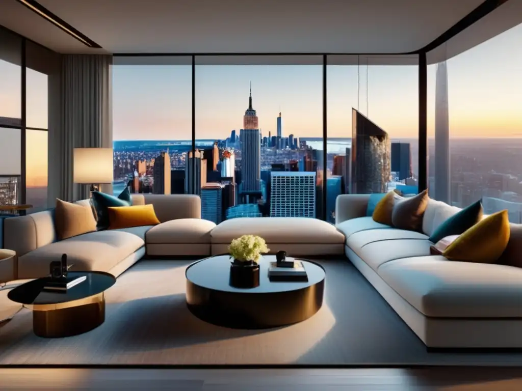 Salón moderno con vistas urbanas Estrategias de marketing para propiedades renovadas en una imagen de lujo de sala moderna con ventanales y vistas impresionantes