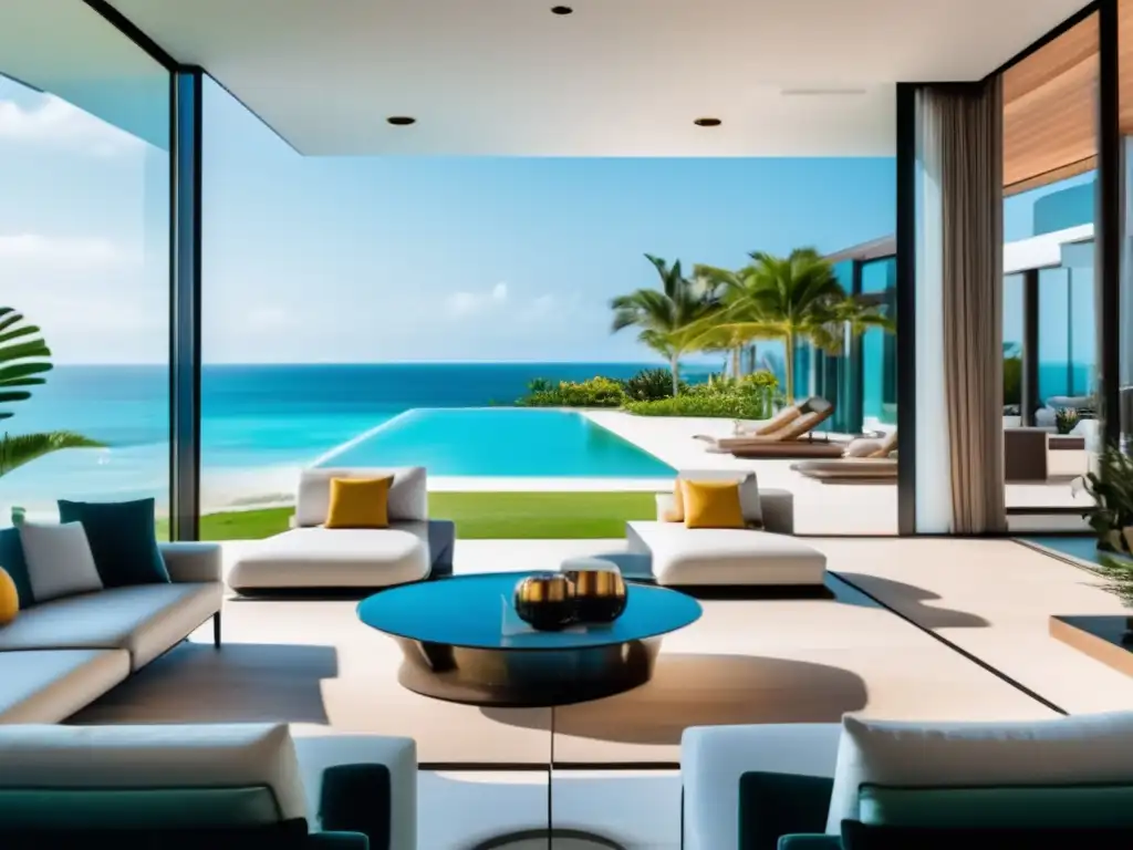 Vacaciones de lujo en moderna villa - Estrategias de marketing para propiedades vacacionales: Imagen lujosa de alquiler vacacional con arquitectura moderna y vistas al mar