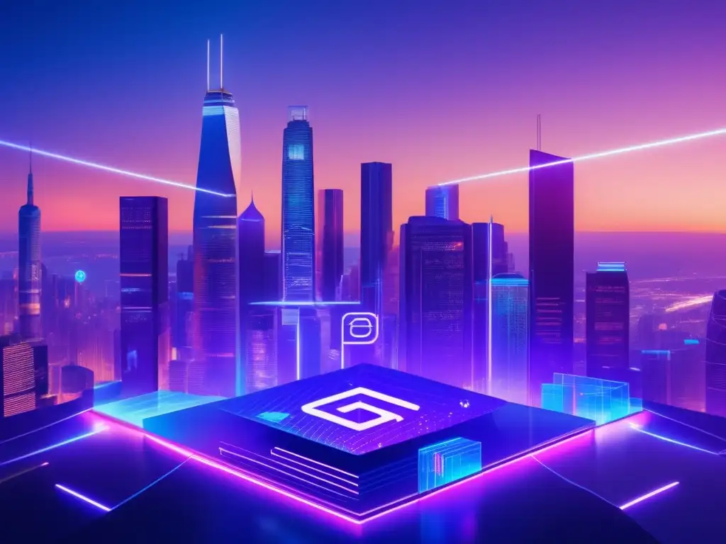 Futuro DeFi: Ciudad futurista con criptomonedas Estrategias DeFi en mercado cambiante, ciudad futurista con hologramas de criptomonedas, expertos analizando datos en pantallas transparentes