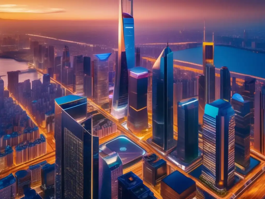 Ciudad futurista al atardecer con rascacielos Estrategias DeFi en mercado cambiante, ciudad futurista con rascacielos, profesionales analizando datos