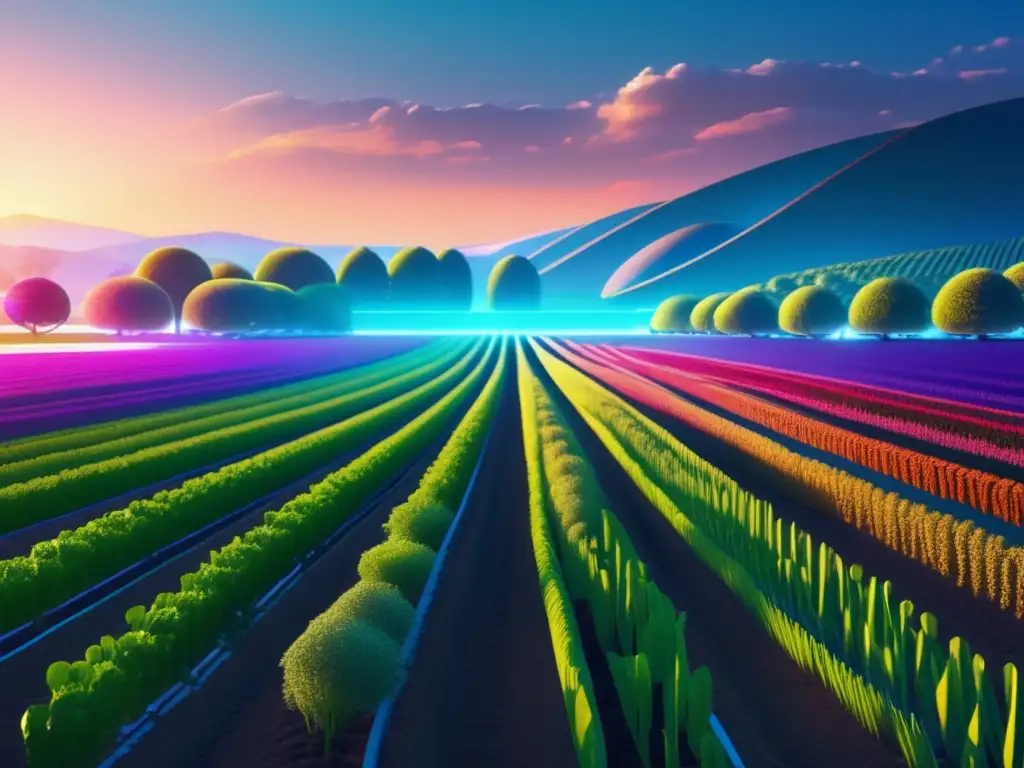 Granja futurista de cultivo de rendimiento Estrategias Yield Farming: Moderna granja futurista con plantas vibrantes y herramientas de análisis