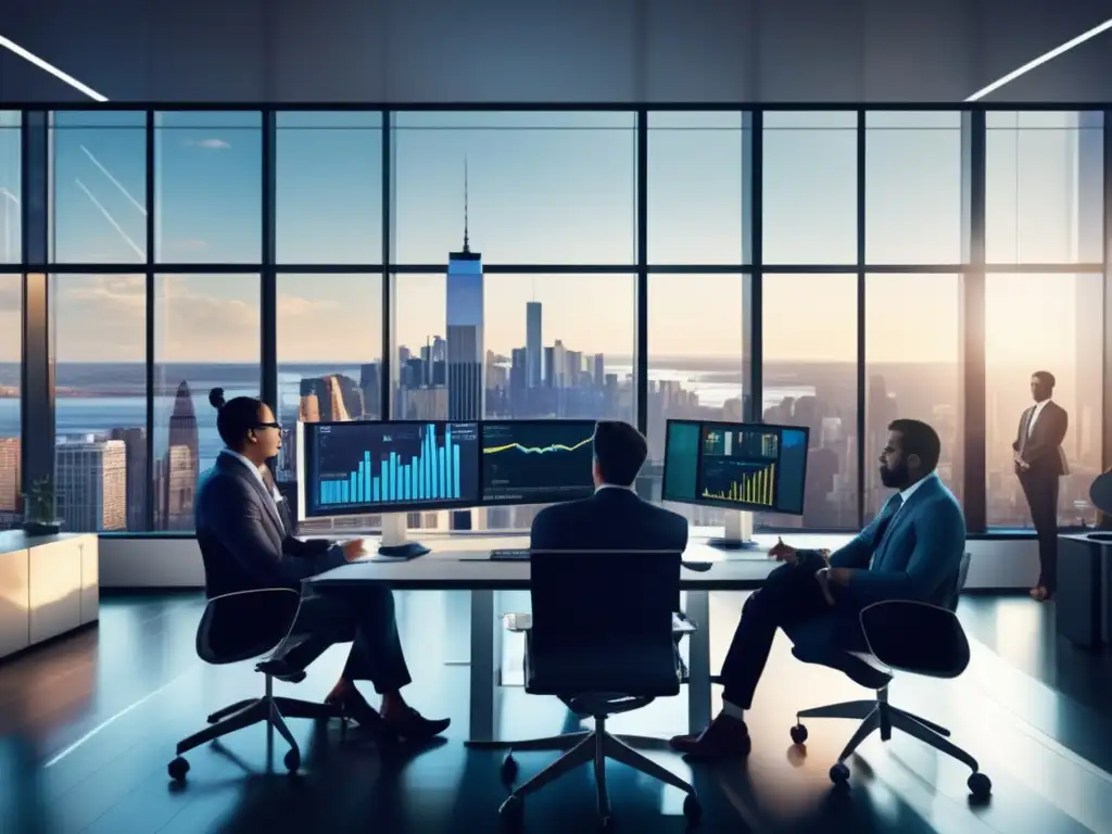Oficina moderna en Wall Street con profesionales analizando estrategias Estrategias de inversión en Wall Street: oficina moderna con vista panorámica de la icónica ciudad financiera