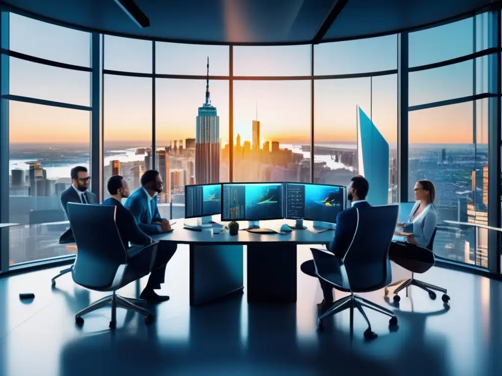 Oficina moderna y sofisticada con inversores analizando datos financieros Estrategias para invertir sabiamente en un moderno y sofisticado espacio de oficina con vistas a la ciudad