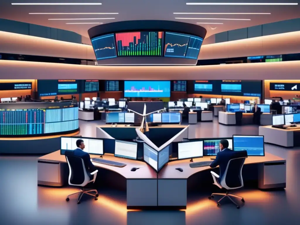 Piso de la bolsa con traders y pantallas Estrategias de negociación en bolsa en un emocionante mercado de valores lleno de traders y pantallas comerciales