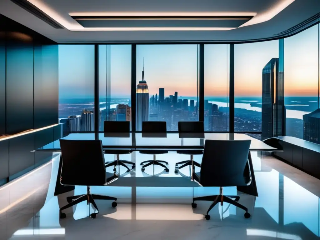 Sala de juntas moderna y luminosa Estrategias de negociación en bolsa en una moderna sala de juntas con vistas panorámicas de la ciudad